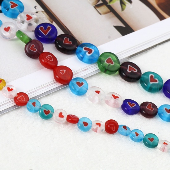 Picture of Lampwork Glass Valentine's Day Millefiori Beads Flat Round At Random Color Heart 1 Strand