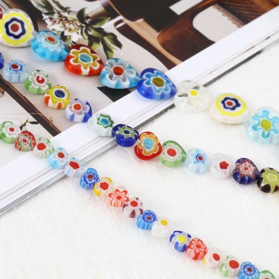 Picture of Lampwork Glass Valentine's Day Millefiori Beads Heart At Random Color Flower 1 Strand