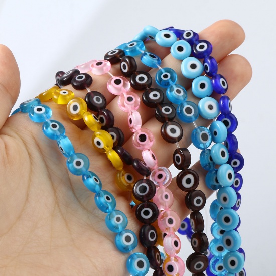 Picture of Lampwork Glass Religious Millefiori Beads Flat Round Multicolor Evil Eye 1 Strand
