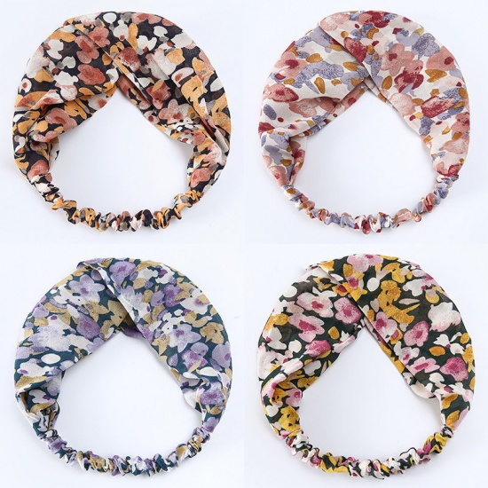 Picture of Brown Red - Flower Printed Women Chiffon Elastic Twist Knot Hair Headband Head Wrap For Sports 23x6cm, 1 Piece