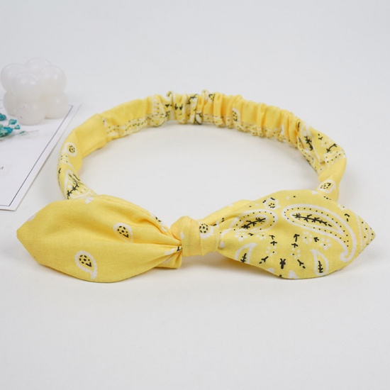 Immagine di Yellow - 10# Paisley Printed Girls Rabbit Ears Bow Polyester Elastic Headband Head Wrap For Sports 24x5cm, 1 Piece