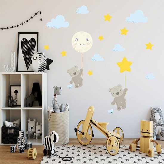 Picture of Blue - 10# Bear Moon Clouds Stars PVC Wall Stickers Children's Room Decoration 30x60cm, 1 Piece