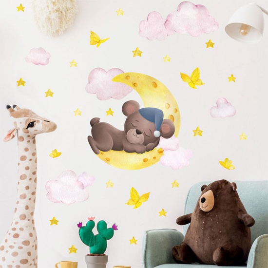 Immagine di Blue - 10# Bear Moon Clouds Stars PVC Wall Stickers Children's Room Decoration 30x60cm, 1 Piece