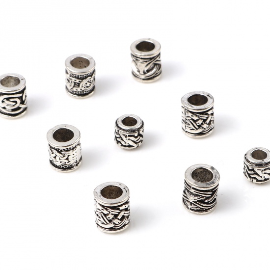 Picture of Zinc Based Alloy Spacer Beads Cylinder Antique Silver Color Carved Pattern 50 PCs