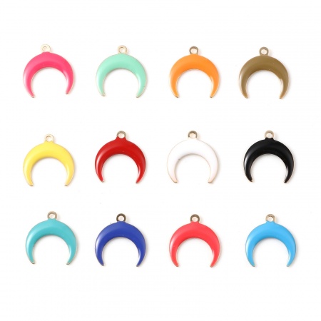 真鍮 宇宙銀河シリーズチャーム 金メッキ 多色 月 両面エナメルスパンコール 16mm x 15mm、 5 個
