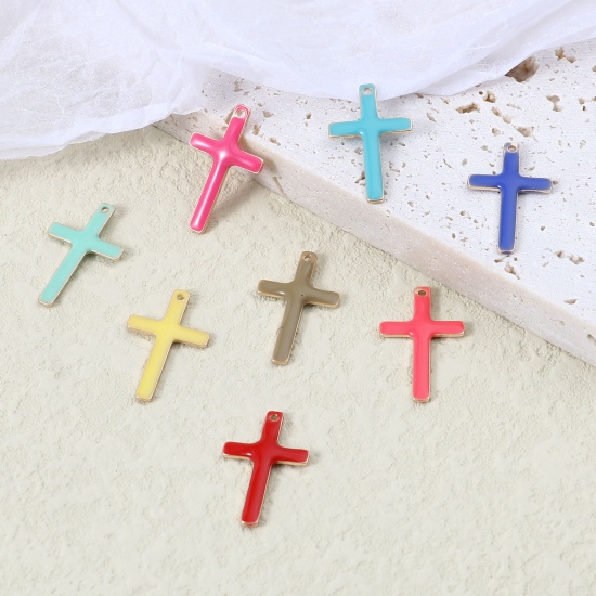 Picture of Brass Religious Charms Gold Plated Multicolor Cross Double-sided Enamelled Sequins 18mm x 11mm, 5 PCs                                                                                                                                                         