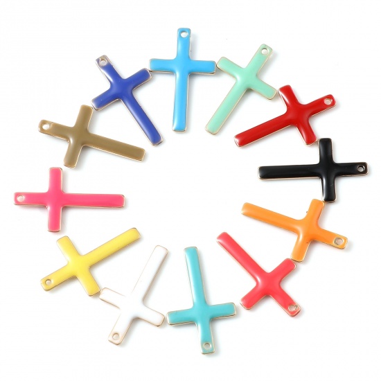 Picture of Brass Religious Charms Gold Plated Multicolor Cross Double-sided Enamelled Sequins 18mm x 11mm, 5 PCs                                                                                                                                                         