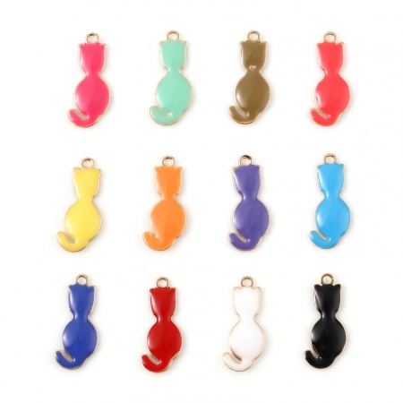 Ottone Sequins Smaltati Charms Oro Placcato Multicolore Gatto 18mm x 8mm, 5 Pz
