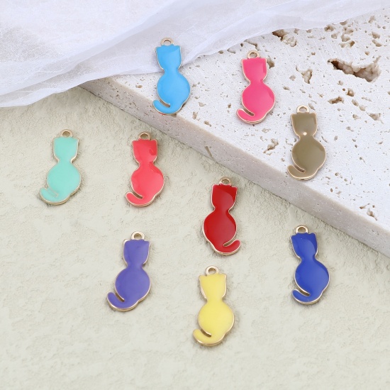 Picture of Brass Enamelled Sequins Charms Gold Plated Multicolor Cat Animal 18mm x 8mm, 5 PCs                                                                                                                                                                            