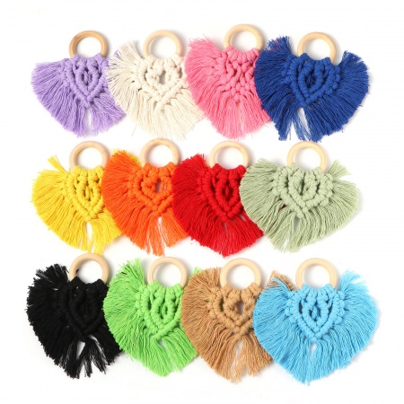 Wood & Polyester Tassel Pendants Heart Skyblue 9.5cm x 9cm, 1 Piece