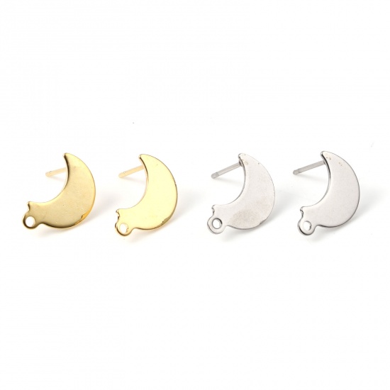 Picture of Stainless Steel Ear Post Stud Earrings Half Moon Gold Plated W/ Loop 15mm x 9mm, Post/ Wire Size: (20 gauge), 10 PCs