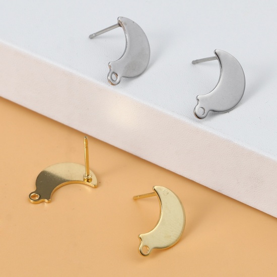 Picture of Stainless Steel Ear Post Stud Earrings Half Moon Gold Plated W/ Loop 15mm x 9mm, Post/ Wire Size: (20 gauge), 10 PCs