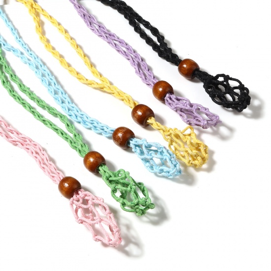 Picture of Wood & Polyester Braided String Cord Necklace Pink Adjustable 100cm(39 3/8") long, 1 Piece