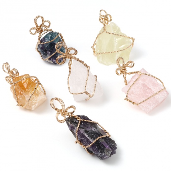 Picture of (Grade A) Copper & Crystal ( Natural ) Wire Wrapped Pendants Gold Plated Multicolor Irregular 6cm x 3cm, 1 Piece