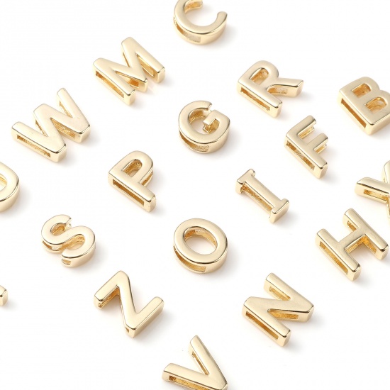 Picture of Copper Beads 14K Real Gold Plated Capital Alphabet/ Letter 5 PCs
