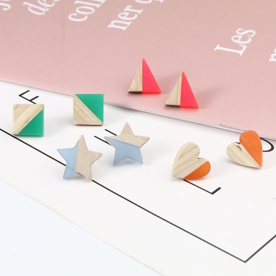 Picture of Resin & Wood Ear Post Stud Earrings At Random Color Post/ Wire Size: (21 gauge), 5 PCs