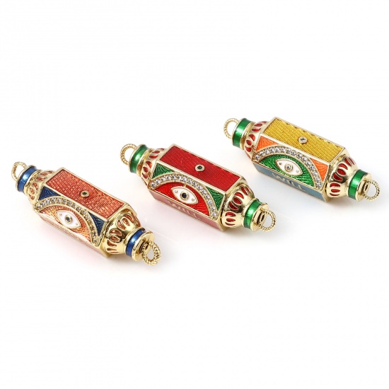 Picture of Brass Micro Pave Connectors Polygon Gold Plated Multicolor Eye Message " will " Enamel Clear Rhinestone 3.6cm x 1.2cm, 1 Piece                                                                                                                                