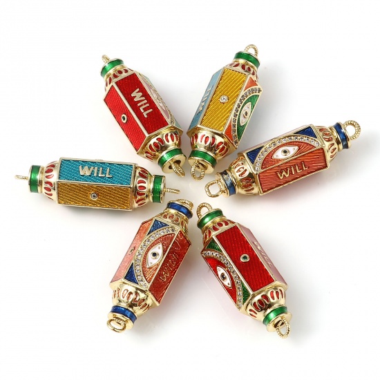 Picture of Brass Micro Pave Connectors Polygon Gold Plated Multicolor Eye Message " will " Enamel Clear Rhinestone 3.6cm x 1.2cm, 1 Piece                                                                                                                                