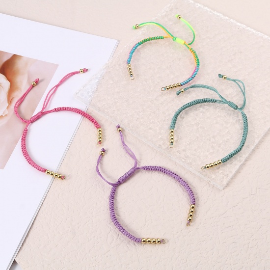 Picture of Stainless Steel & Polyester Braiding Braided Bracelets Accessories Findings Gold Plated Multicolor Adjustable 13cm(5 1/8") long, 1 Piece