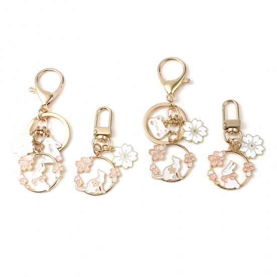 Picture of Zinc Based Alloy Keychain & Keyring Gold Plated White & Pink Cat Animal Flower Enamel 6.5cm, 1 Piece
