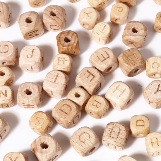 Picture of Beech Wood Spacer Beads Square Natural Initial Alphabet/ Capital Letter 1 Packet