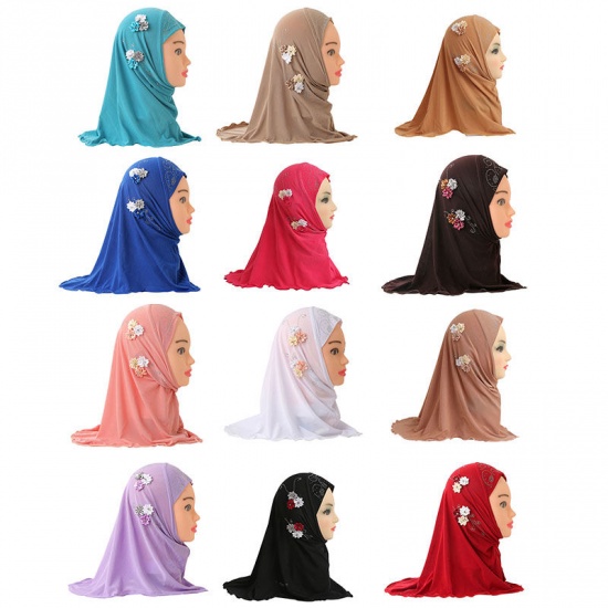 Immagine di Light Brown - 14# Flower Rayon Muslim Girl's Turban Hijab With Hot Fix Rhinestone For 2-6 Years Old 50x48cm, 1 Piece