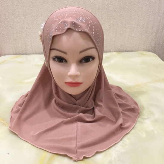 ライトブラウン-14＃フラワーレーヨンイスラム教徒の少女のターバンヒジャーブ、ホットフィックスラインストーン付き2-6歳50x48cm、1 枚 の画像