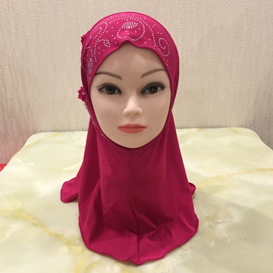Picture of Light Brown - 14# Flower Rayon Muslim Girl's Turban Hijab With Hot Fix Rhinestone For 2-6 Years Old 50x48cm, 1 Piece