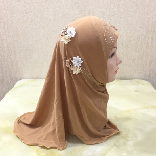 Picture of Light Brown - 14# Flower Rayon Muslim Girl's Turban Hijab With Hot Fix Rhinestone For 2-6 Years Old 50x48cm, 1 Piece