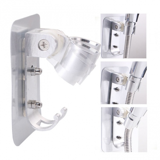 Изображение Silver - 4# Space Aluminum Shower Head Holder Strong Adhesive Adjustable No Drilling Wall Mount Bracket 13x9x6.5cm, 1 Piece