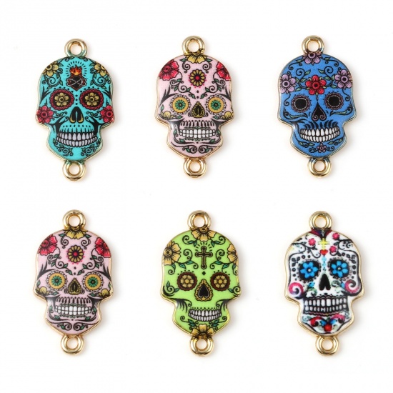 Picture of Zinc Based Alloy Halloween Connectors Skull Gold Plated Multicolor Flower Enamel 25mm x 14mm, 10 PCs