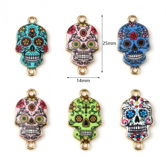 Picture of Zinc Based Alloy Halloween Connectors Skull Gold Plated Multicolor Flower Enamel 25mm x 14mm, 10 PCs