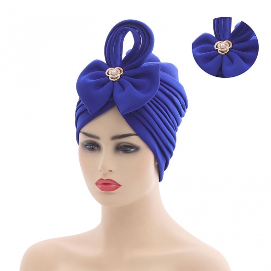 Immagine di Peacock Blue - African Women's Turban Hat Headwraps Bowknot Pleated Solid Color M（56-58cm）, 1 Piece