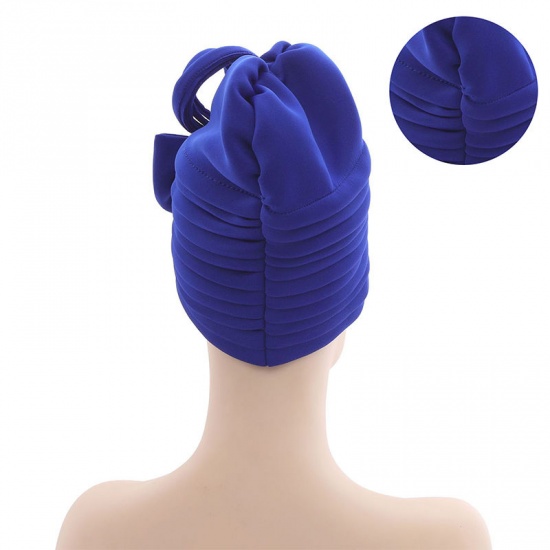Immagine di Peacock Blue - African Women's Turban Hat Headwraps Bowknot Pleated Solid Color M（56-58cm）, 1 Piece