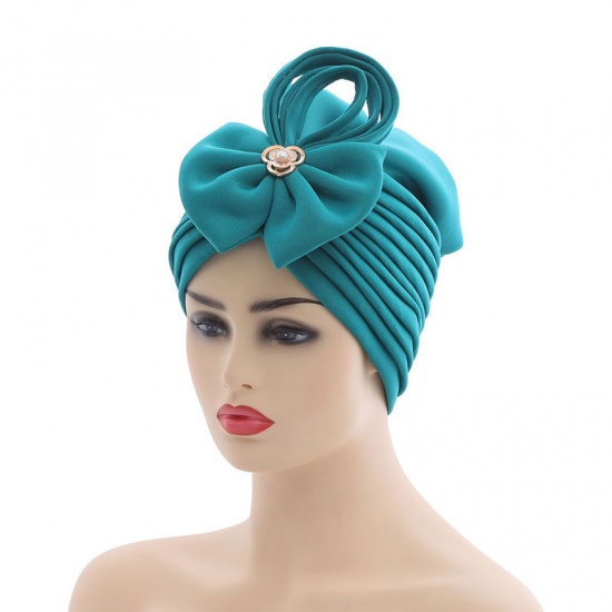 Picture of Peacock Blue - African Women's Turban Hat Headwraps Bowknot Pleated Solid Color M（56-58cm）, 1 Piece