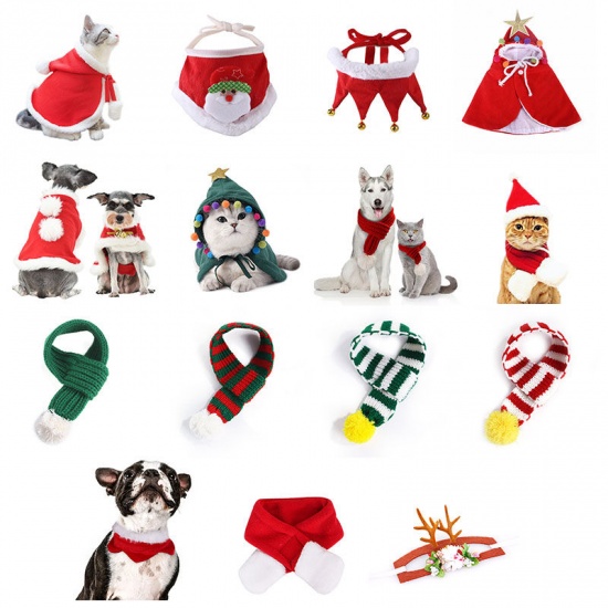 Picture of Red - L Christmas Santa Claus Bib Collar Pet Cat Dog Clothes New Year Dress Up Cosplay Costume, 1 Piece
