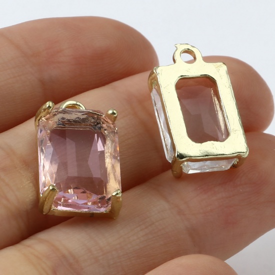 Picture of Zinc Based Alloy & Glass Charms Rectangle Gold Plated White 17mm x 10mm, 5 PCs