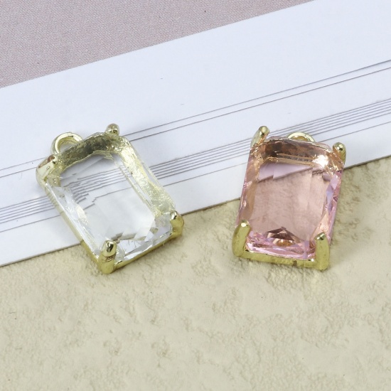 Picture of Zinc Based Alloy & Glass Charms Rectangle Gold Plated White 17mm x 10mm, 5 PCs