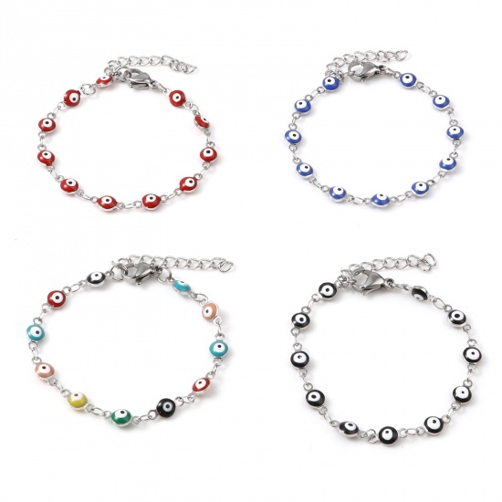 Picture of Stainless Steel Religious Bracelets Silver Tone Multicolor Round Evil Eye Enamel 13.5cm(5 3/8") long, 1 Piece