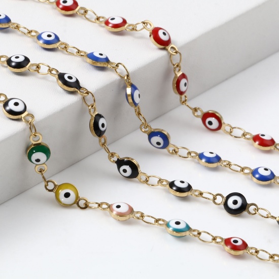 Immagine di Acciaio Inossidabile Religione Braccialetti Oro Placcato Multicolore Tondo Malocchio Smalto 13.5cm Lunghezza, 1 Pz