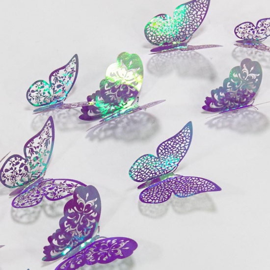 Picture of Purple - 12# Rainbow AB Color Hollow Filigree Paper Butterfly Wall Stickers Art Home Decoration 8cm 10cm 12cm, 1 Set