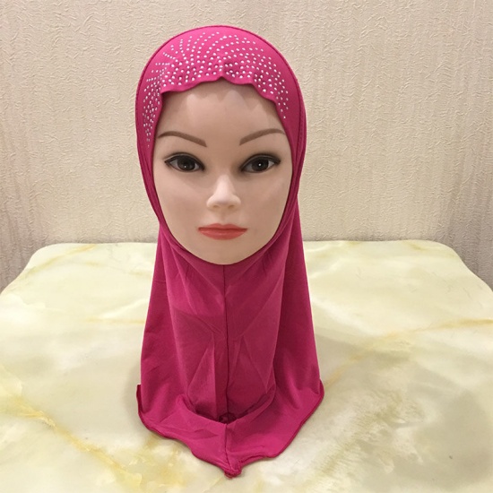 Image de Fuchsia - Hijab Turban pour fille musulmane en dentelle rayonne 12 # avec strass Hot Fix pour 2 à 7 ans, 1 pièce
