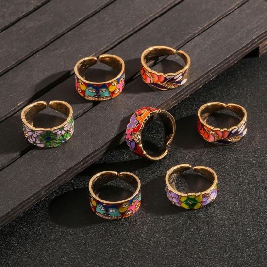 Picture of Copper Open Adjustable Rings 18K Real Gold Plated Enamel 16.5mm(US Size 6), 1 Piece