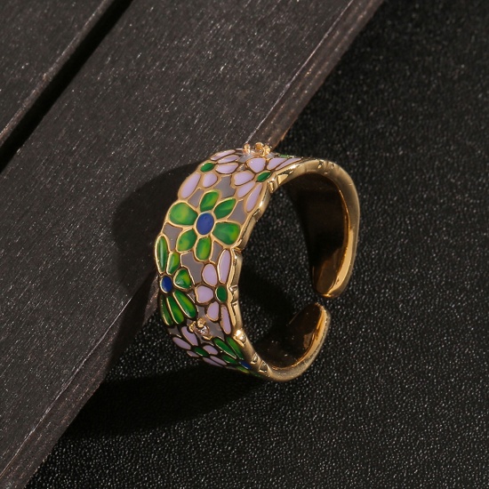 銅 オープンタイプ 調整可能 リング指輪 18K ゴールドフィルド エナメル 16.5mm（日本サイズ約11号）、 1 本 の画像