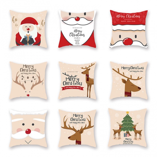 Picture of Christmas Santa Claus & Reindeer Peach Skin Fabric Square Pillowcase Home Textile 45x45cm