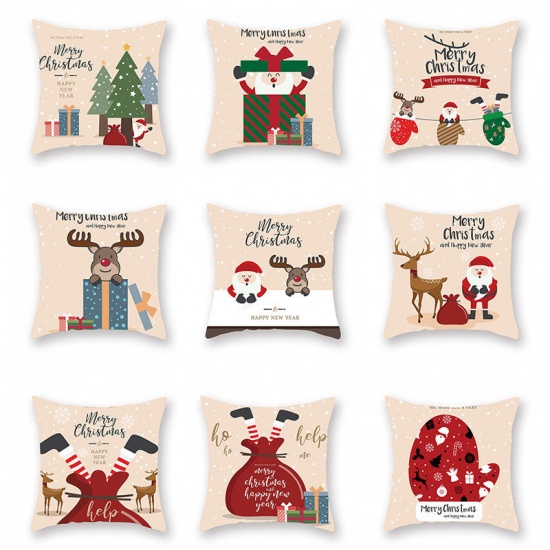 Picture of Christmas Santa Claus & Reindeer Peach Skin Fabric Square Pillowcase Home Textile 45x45cm