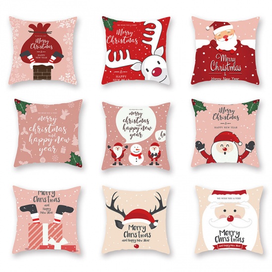 Picture of Christmas Santa Claus & Reindeer Peach Skin Fabric Square Pillowcase Home Textile 45x45cm