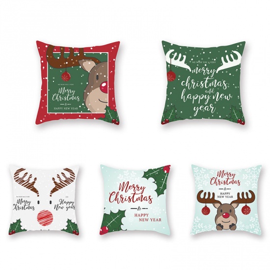 Picture of Christmas Santa Claus & Reindeer Peach Skin Fabric Square Pillowcase Home Textile 45x45cm