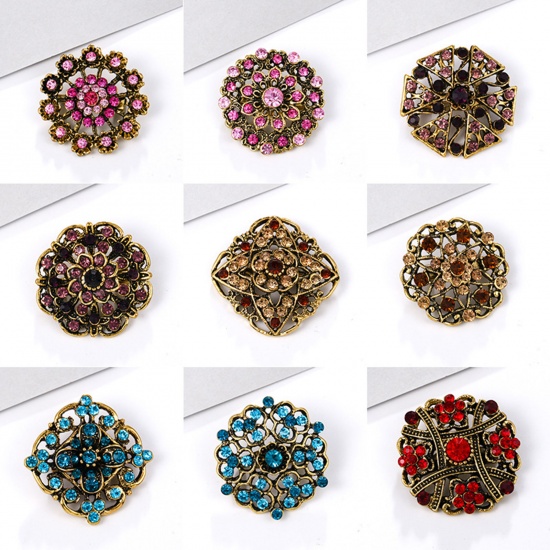 Picture of Zinc Based Alloy Pin Brooches Flower Antique Bronze Coffee Rhinestone 3.3cm x 3.3cm, 1 Piece