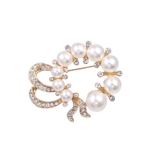 Picture of Zinc Based Alloy Pin Brooches Christmas Snowflake Gold Plated White Imitation Pearl Clear Rhinestone 4cm x 4cm, 1 Piece